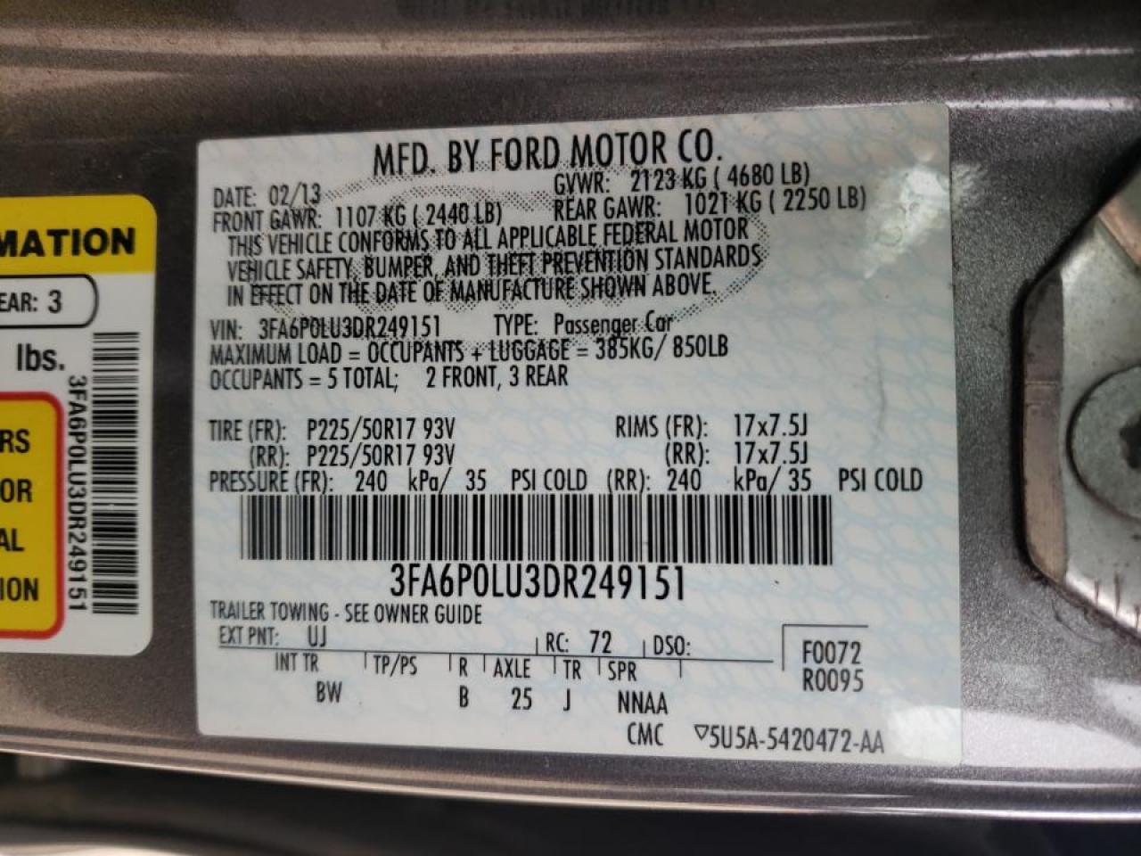 Photo 10 from auction – 2013 FORD FUSION SE with VIN 3FA6P0LU3DR249151