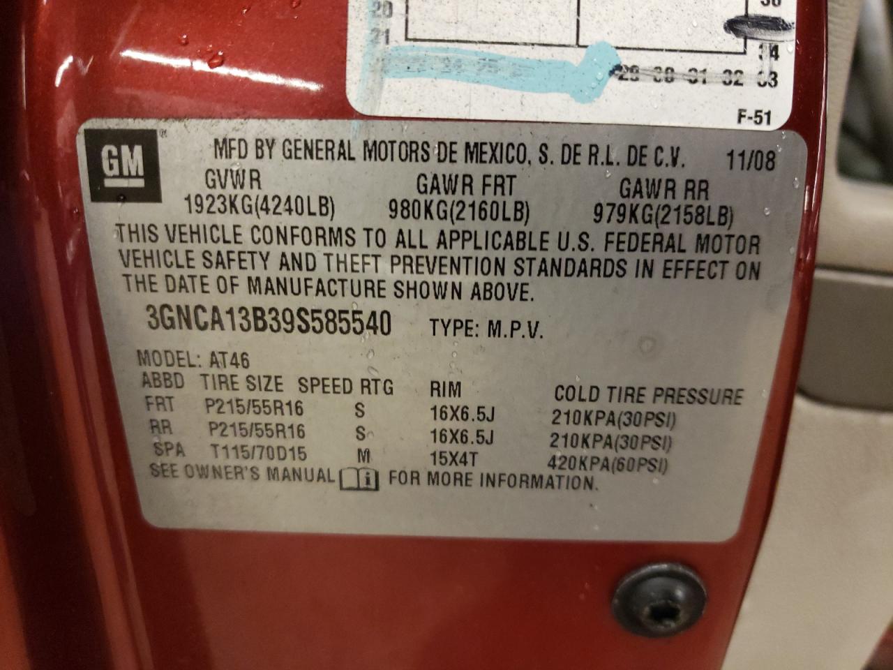 Photo 10 from auction – 2009 CHEVROLET HHR with VIN 3GNCA13B39S585540