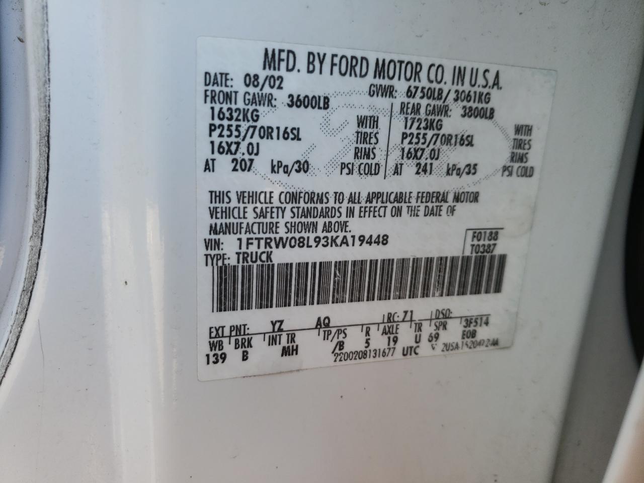 Photo 10 from auction – 2003 FORD F150 SUPER with VIN 1FTRW08L93KA19448