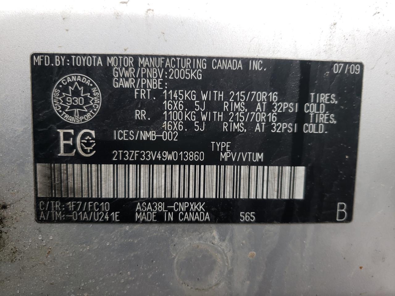 Photo 10 from auction – 2009 TOYOTA RAV4 with VIN 2T3ZF33V49W013860