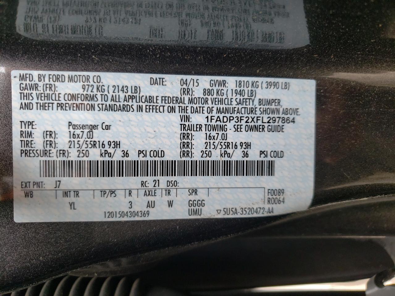 Photo 10 from auction – 2015 FORD FOCUS SE with VIN 1FADP3F2XFL297864