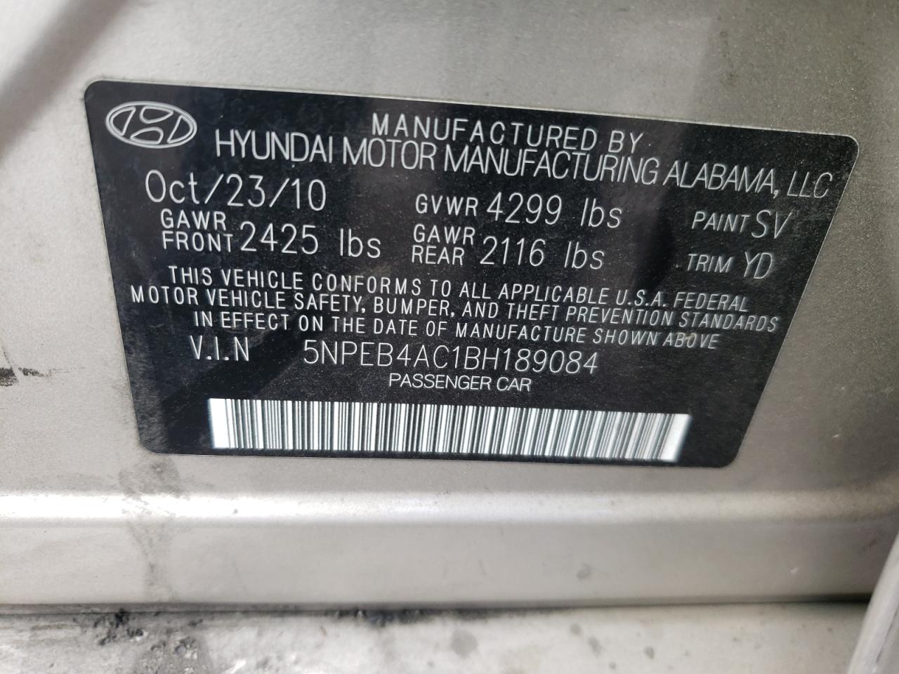 Photo 10 from auction – 2011 HYUNDAI SONATA GLS with VIN 5NPEB4AC1BH189084