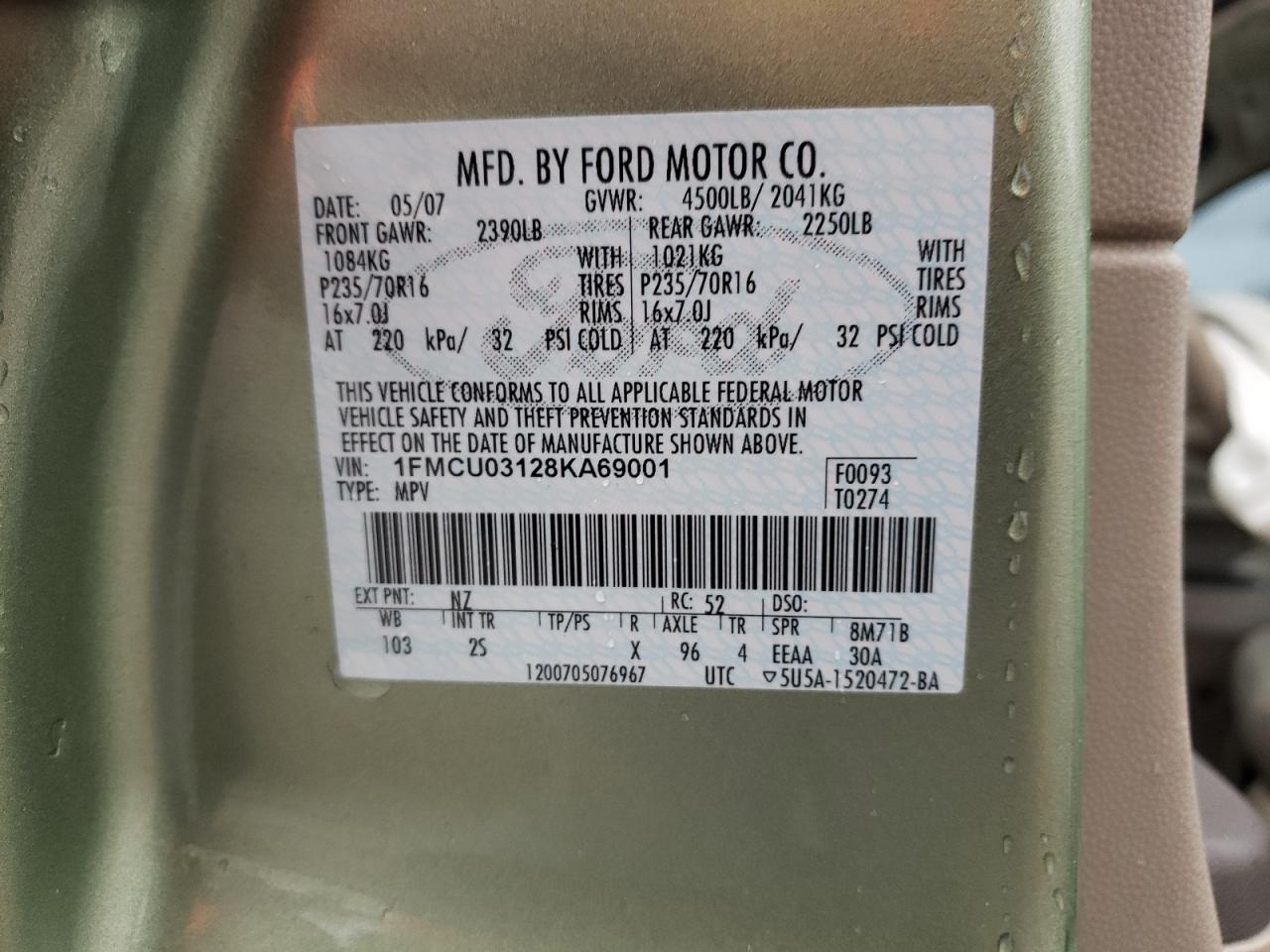 Photo 10 from auction – 2008 FORD ESCAPE XLT with VIN 1FMCU03128KA69001