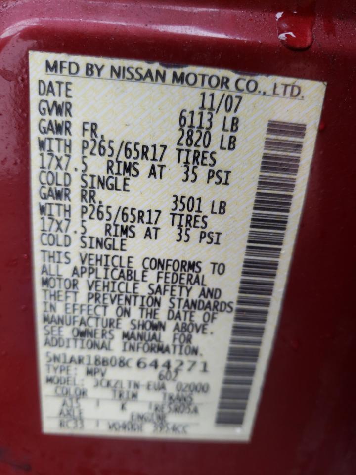 Photo 10 from auction – 2008 NISSAN PATHFINDER with VIN 5N1AR18B08C644271