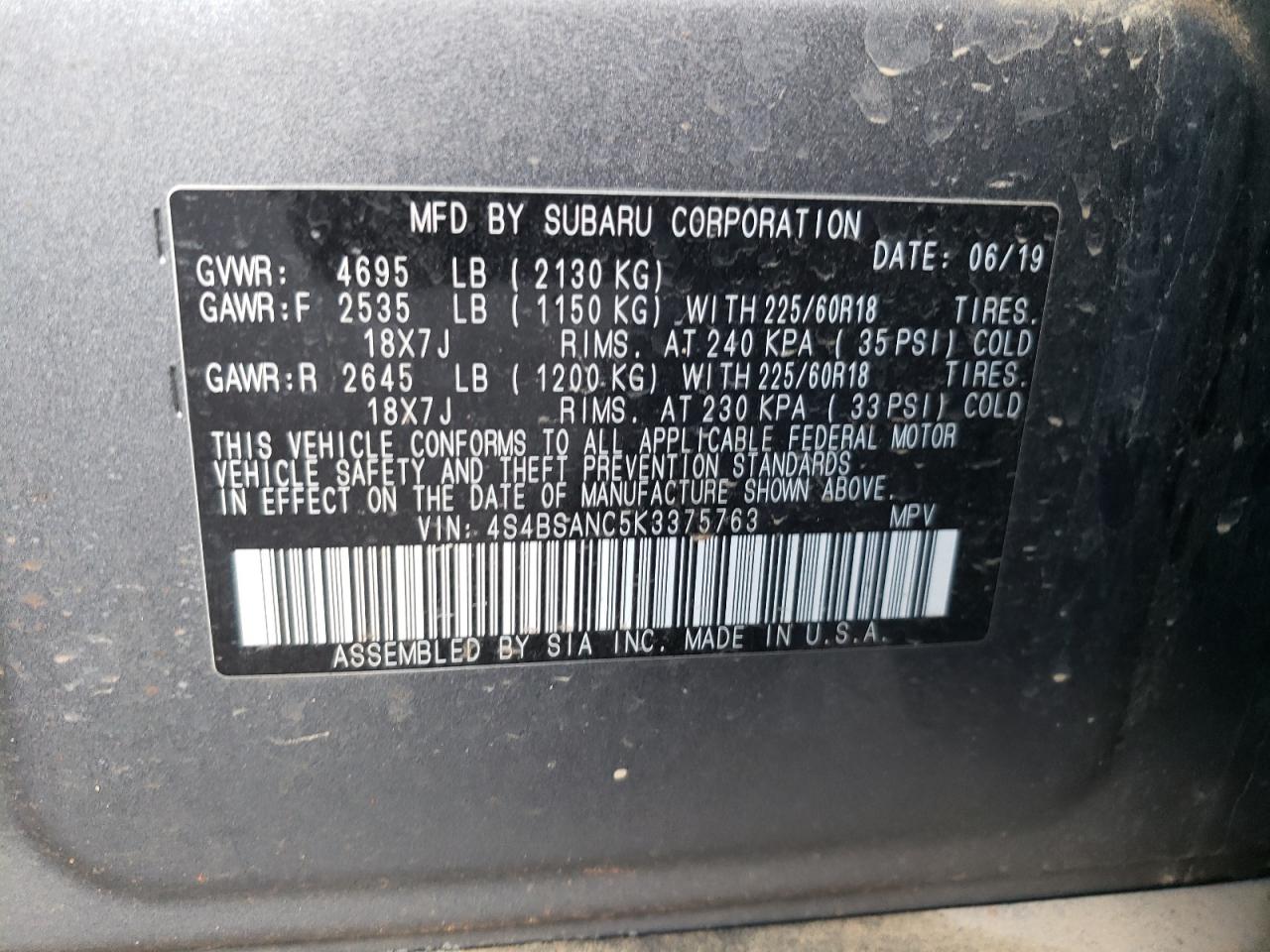 Photo 10 from auction – 2019 SUBARU OUTBACK 2. with VIN 4S4BSANC5K3375763