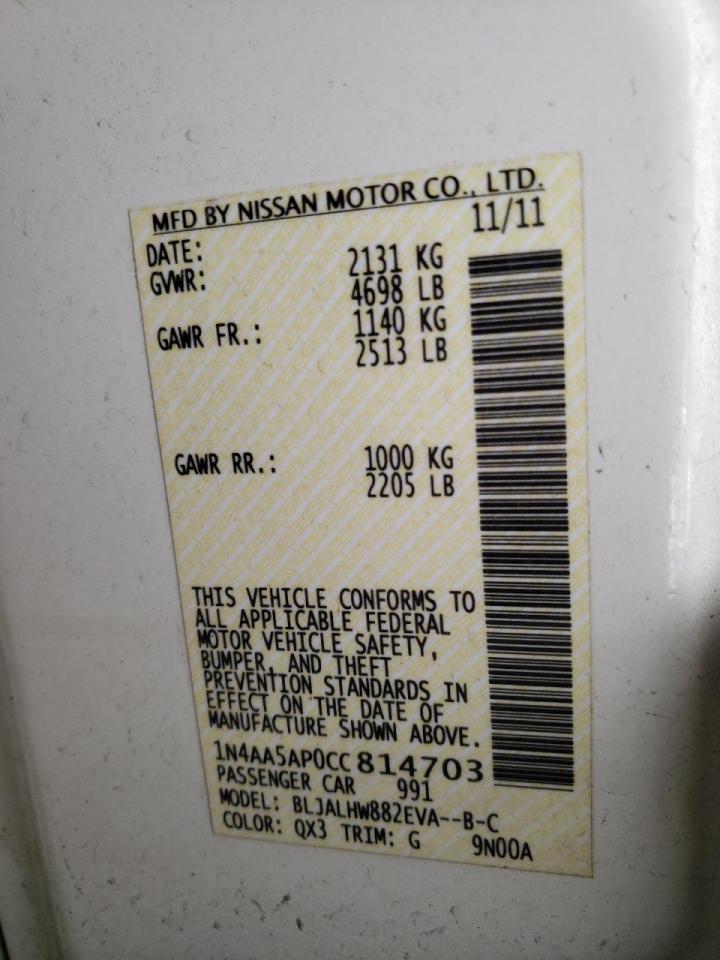 Photo 10 from auction – 2012 NISSAN MAXIMA S with VIN 1N4AA5AP0CC814703