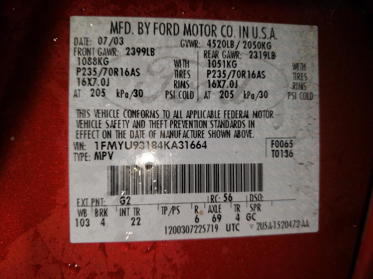 Photo 10 from auction – 2004 FORD ESCAPE XLT with VIN 1FMYU93184KA31664