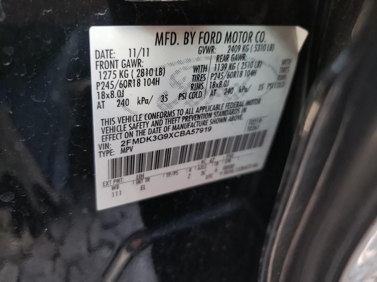 Photo 10 from auction – 2012 FORD EDGE SE with VIN 2FMDK3G9XCBA57919