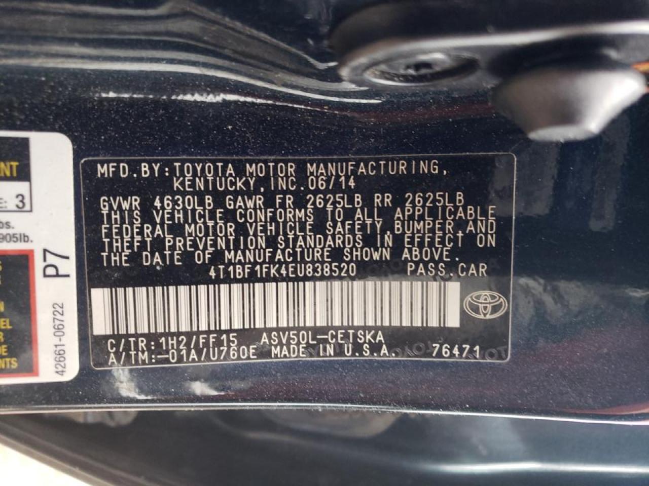 Photo 10 from auction – 2014 TOYOTA CAMRY L with VIN 4T1BF1FK4EU838520