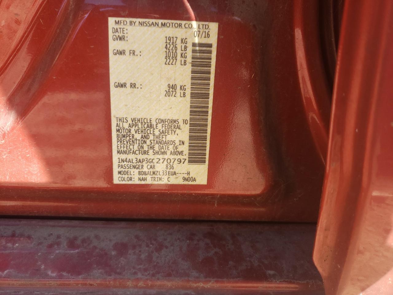 Photo 10 from auction – 2016 NISSAN ALTIMA 2.5 with VIN 1N4AL3AP3GC270797
