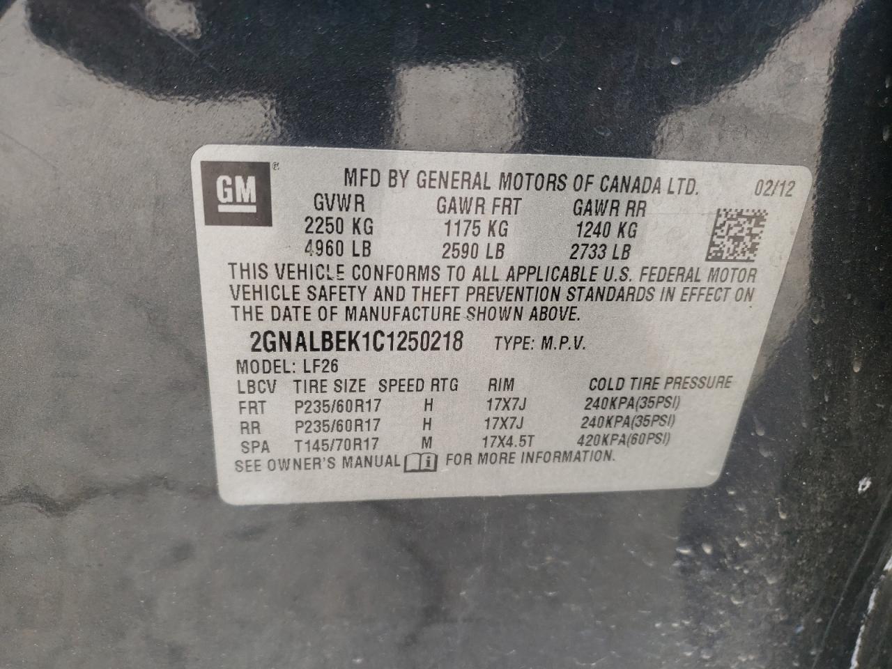 Photo 10 from auction – 2012 CHEVROLET EQUINOX LS with VIN 2GNALBEK1C1250218