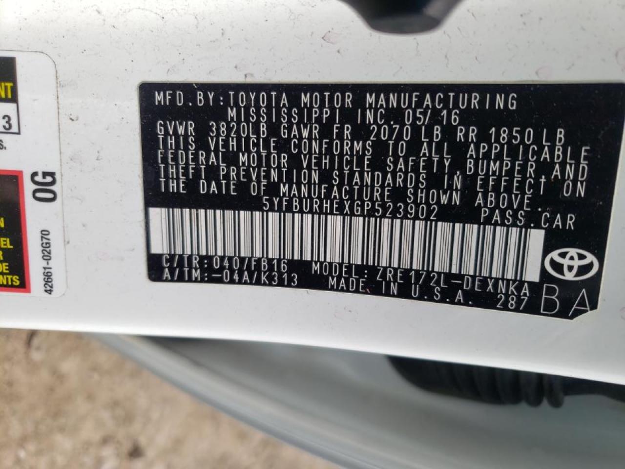 Photo 10 from auction – 2016 TOYOTA COROLLA L with VIN 5YFBURHEXGP523902