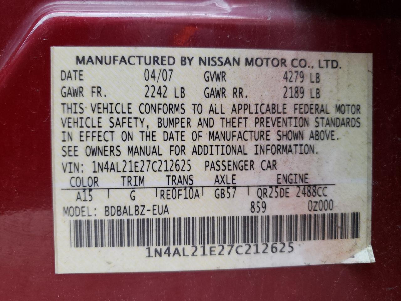 Photo 10 from auction – 2007 NISSAN ALTIMA 2.5 with VIN 1N4AL21E27C212625