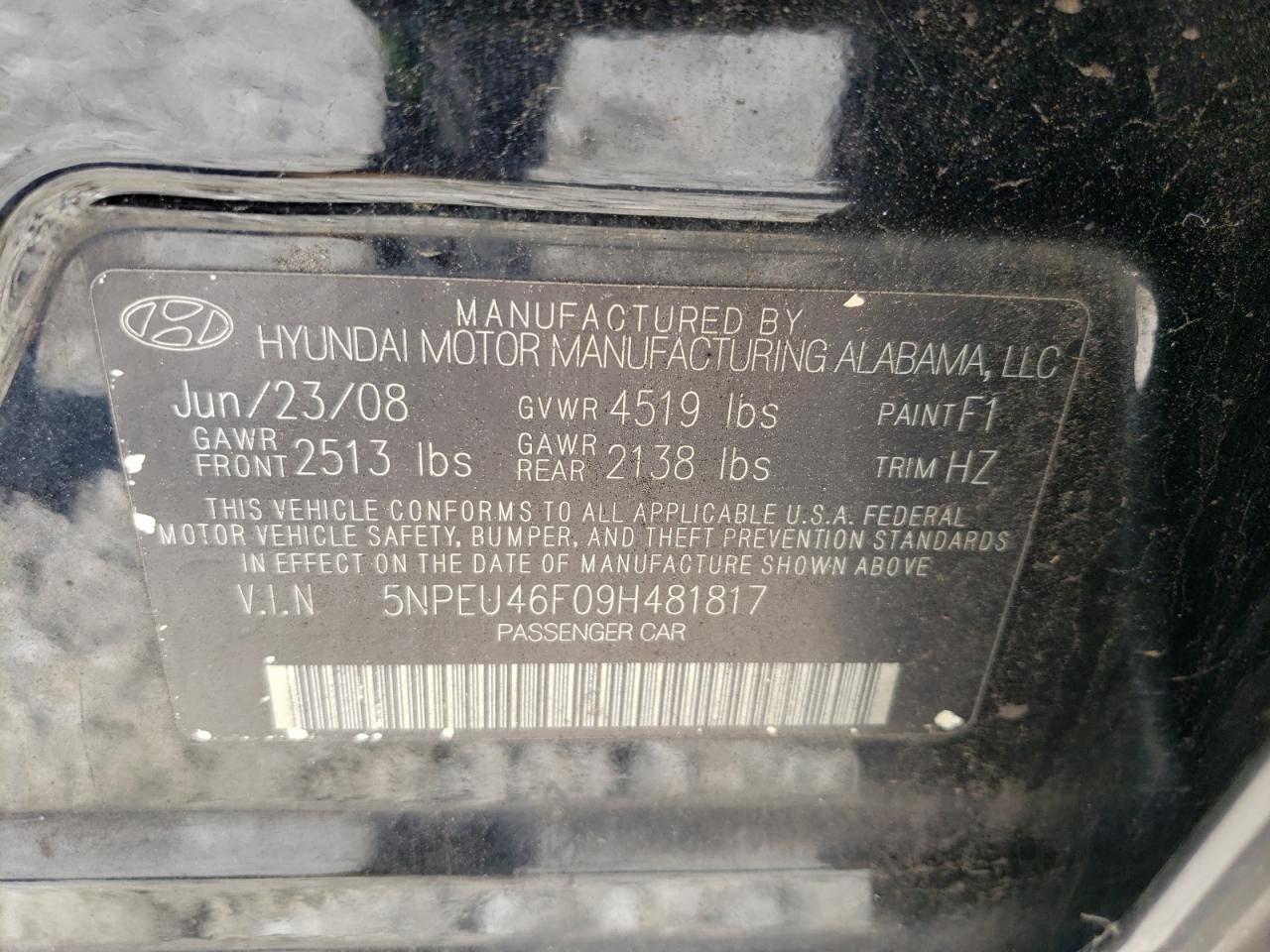 Photo 10 from auction – 2009 HYUNDAI SONATA SE with VIN 5NPEU46F09H481817