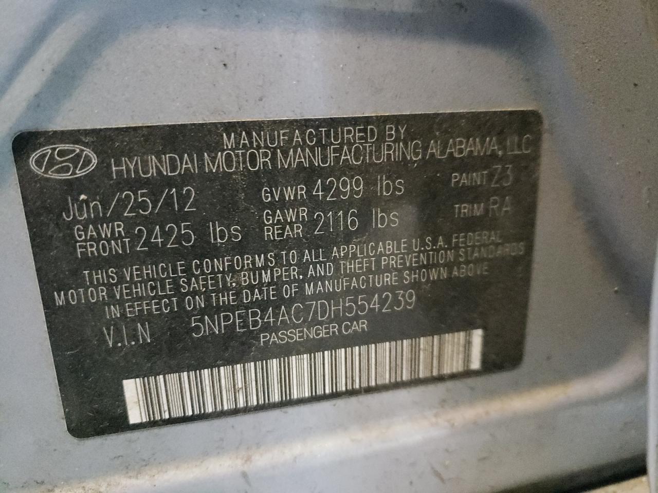 Photo 10 from auction – 2013 HYUNDAI SONATA GLS with VIN 5NPEB4AC7DH554239