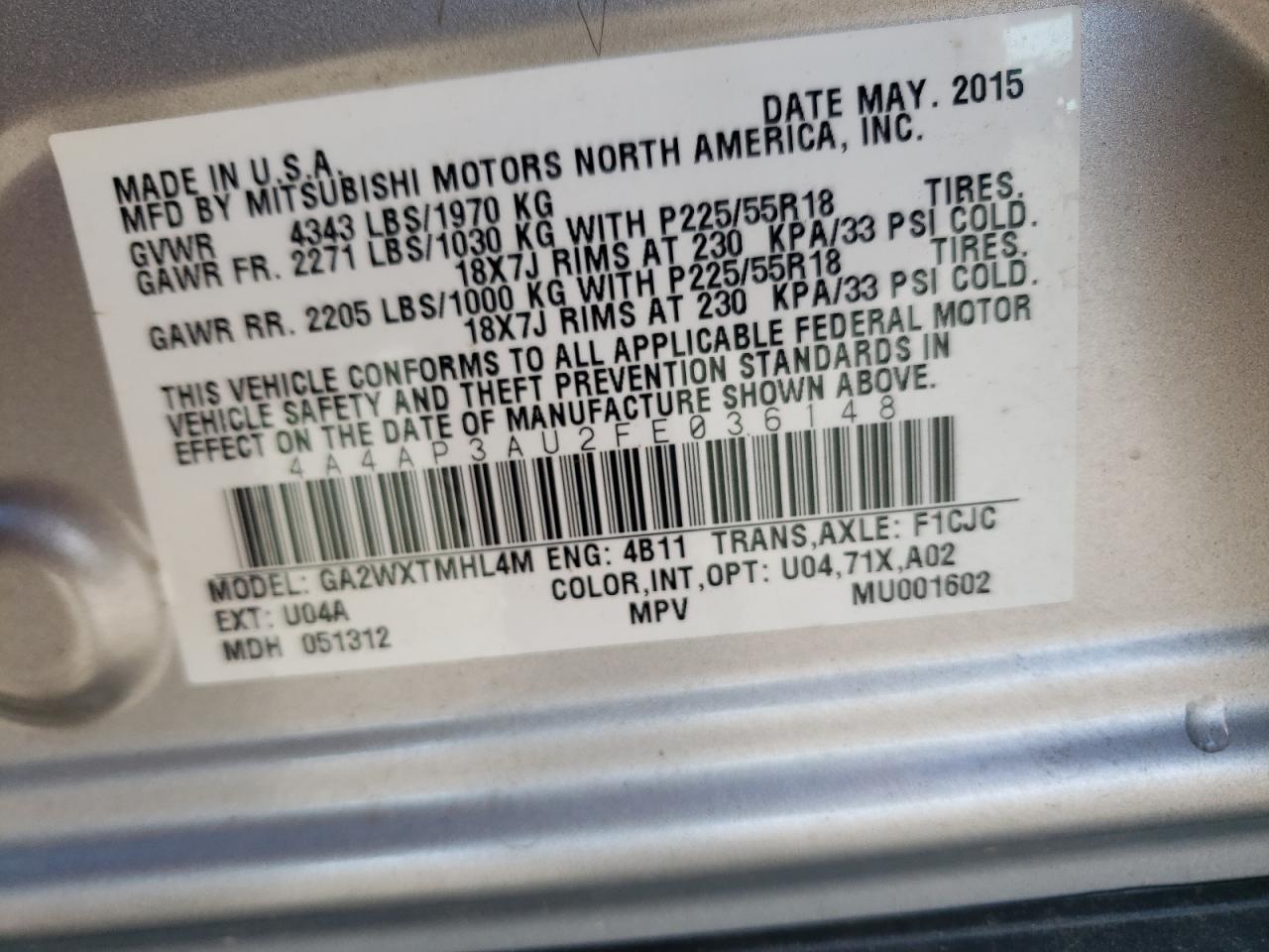 Photo 10 from auction – 2015 MITSUBISHI OUTLANDER with VIN 4A4AP3AU2FE036148
