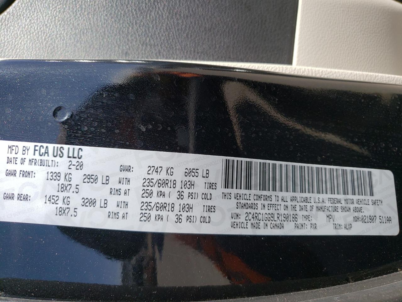 Photo 10 from auction – 2020 CHRYSLER PACIFICA L with VIN 2C4RC1GG9LR190186