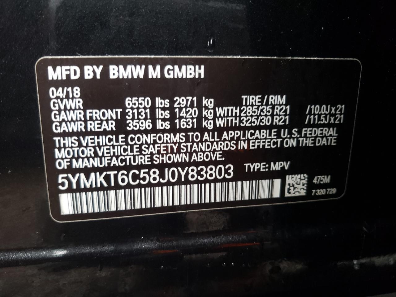 Photo 10 from auction – 2018 BMW X5 M with VIN 5YMKT6C58J0Y83803