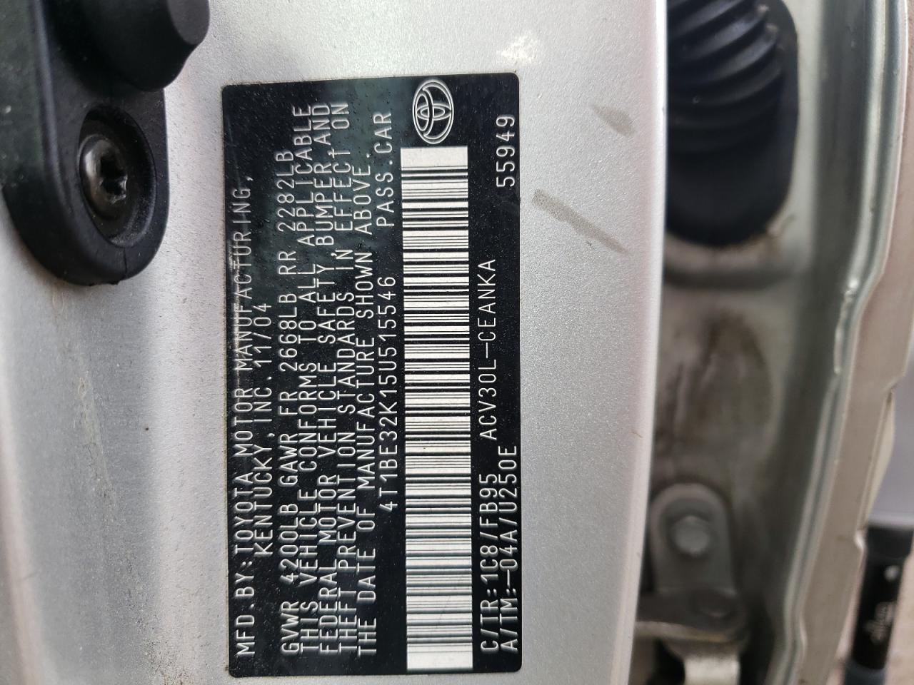 Photo 10 from auction – 2005 TOYOTA CAMRY LE with VIN 4T1BE32K15U515546