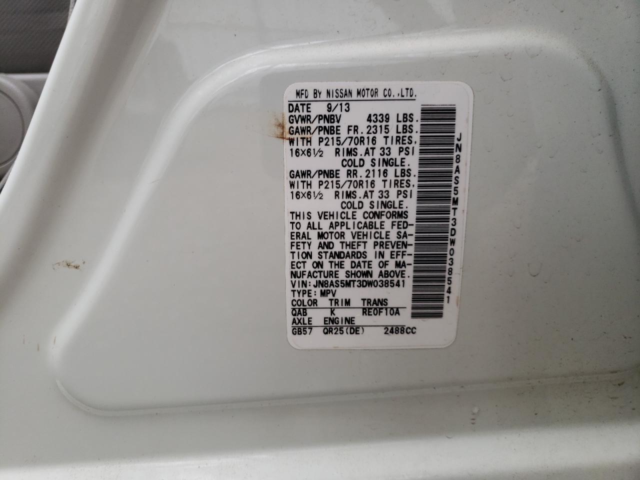 Photo 10 from auction – 2013 NISSAN ROGUE S with VIN JN8AS5MT3DW038541