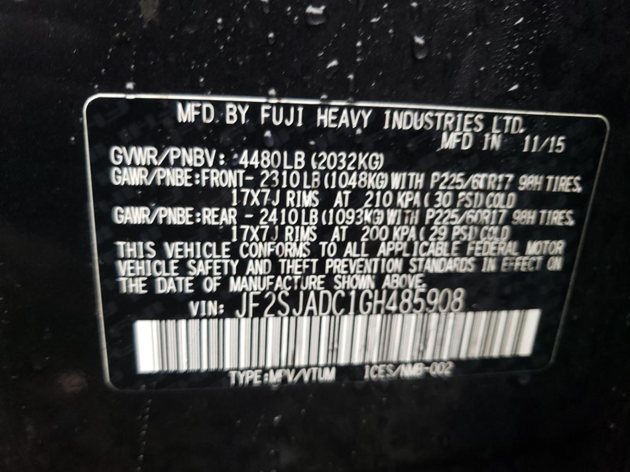 Photo 10 from auction – 2016 SUBARU FORESTER 2 with VIN JF2SJADC1GH485908