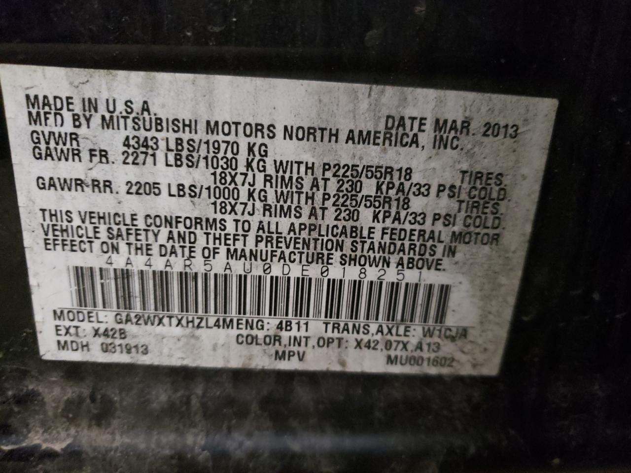 Photo 10 from auction – 2013 MITSUBISHI OUTLANDER with VIN 4A4AR5AU0DE018251