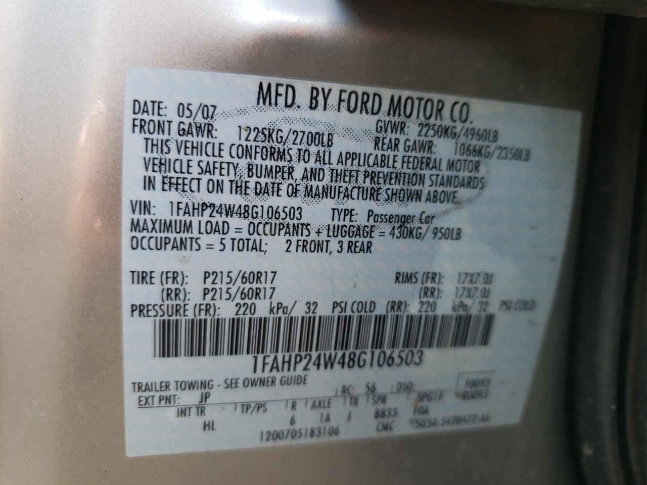 Photo 10 from auction – 2008 FORD TAURUS SEL with VIN 1FAHP24W48G106503
