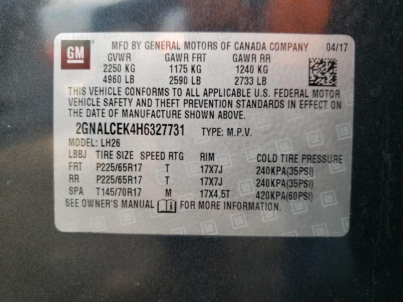 Photo 10 from auction – 2017 CHEVROLET EQUINOX LT with VIN 2GNALCEK4H6327731