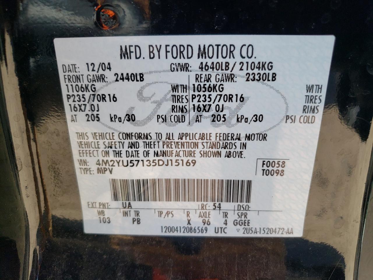 Photo 10 from auction – 2005 MERCURY MARINER with VIN 4M2YU57135DJ15169