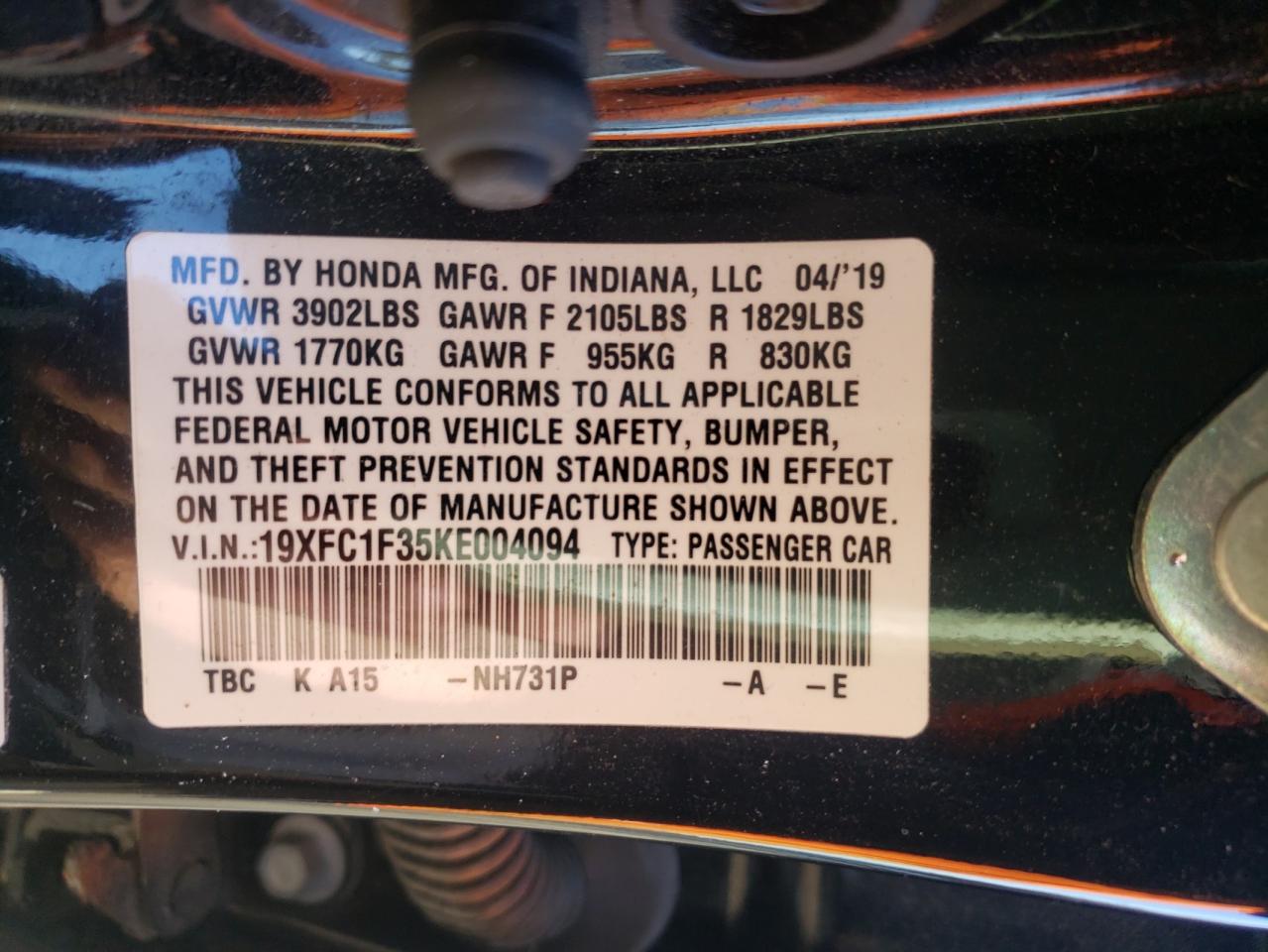 Photo 10 from auction – 2019 HONDA CIVIC EX with VIN 19XFC1F35KE004094