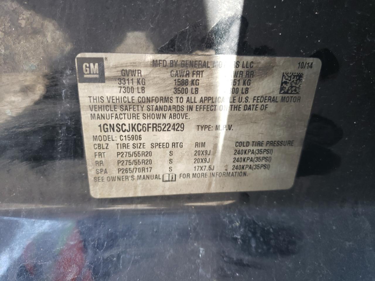 Photo 10 from auction – 2015 CHEVROLET SUBURBAN C with VIN 1GNSCJKC6FR522429