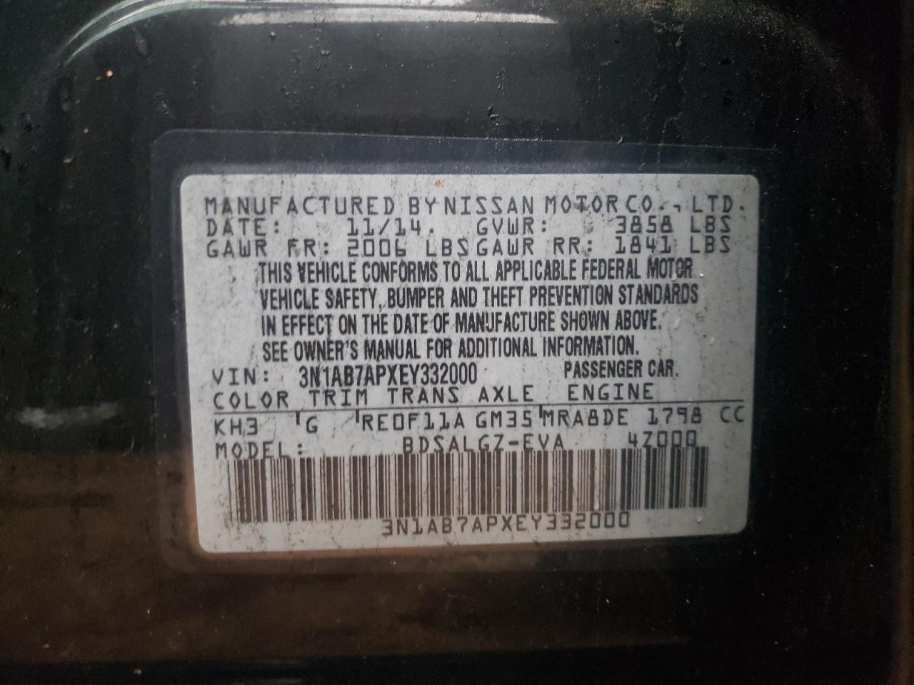 Photo 10 from auction – 2014 NISSAN SENTRA S with VIN 3N1AB7APXEY332000