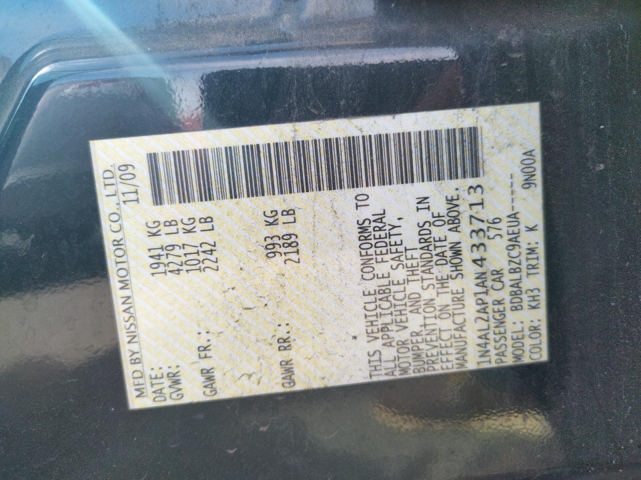 Photo 10 from auction – 2010 NISSAN ALTIMA BAS with VIN 1N4AL2AP1AN433713