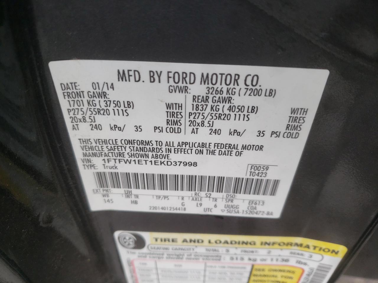 Photo 10 from auction – 2014 FORD F150 SUPER with VIN 1FTFW1ET1EKD37998