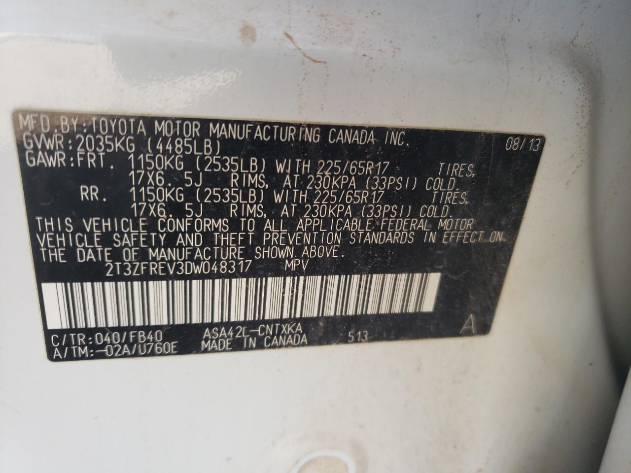 Photo 10 from auction – 2013 TOYOTA RAV4 LE with VIN 2T3ZFREV3DW048317