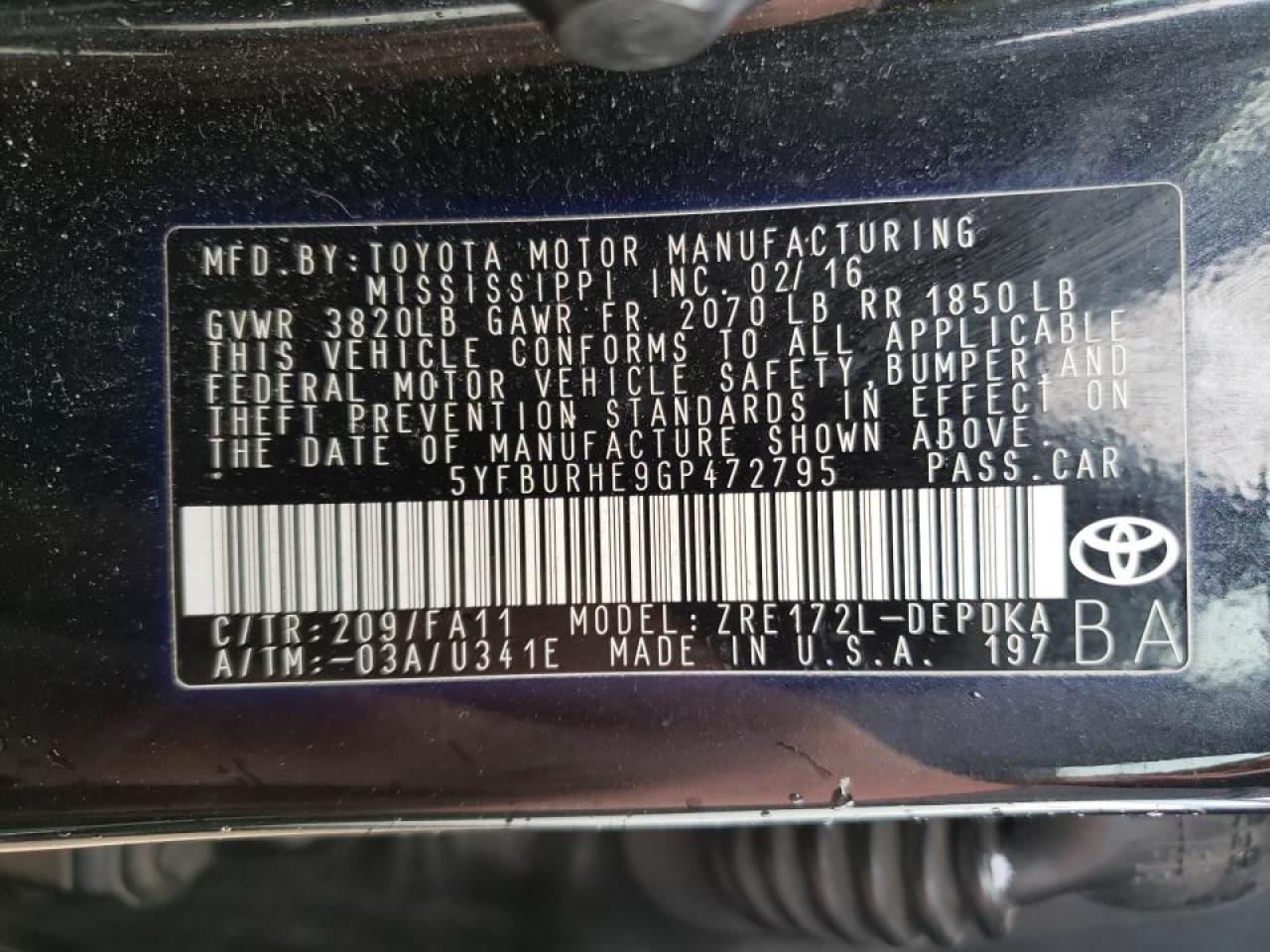 Photo 10 from auction – 2016 TOYOTA COROLLA L with VIN 5YFBURHE9GP472795