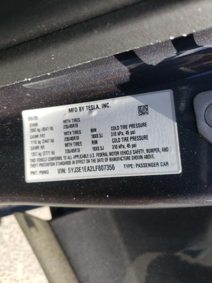 Photo 10 from auction – 2020 TESLA MODEL 3 with VIN 5YJ3E1EA2LF807356
