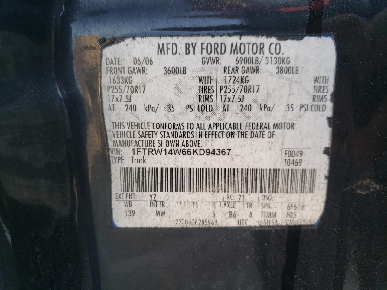 Photo 10 from auction – 2006 FORD F150 SUPER with VIN 1FTRW14W66KD94367