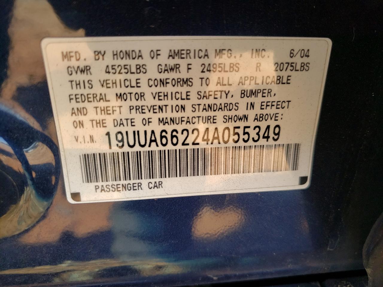 Photo 10 from auction – 2004 ACURA TL with VIN 19UUA66224A055349