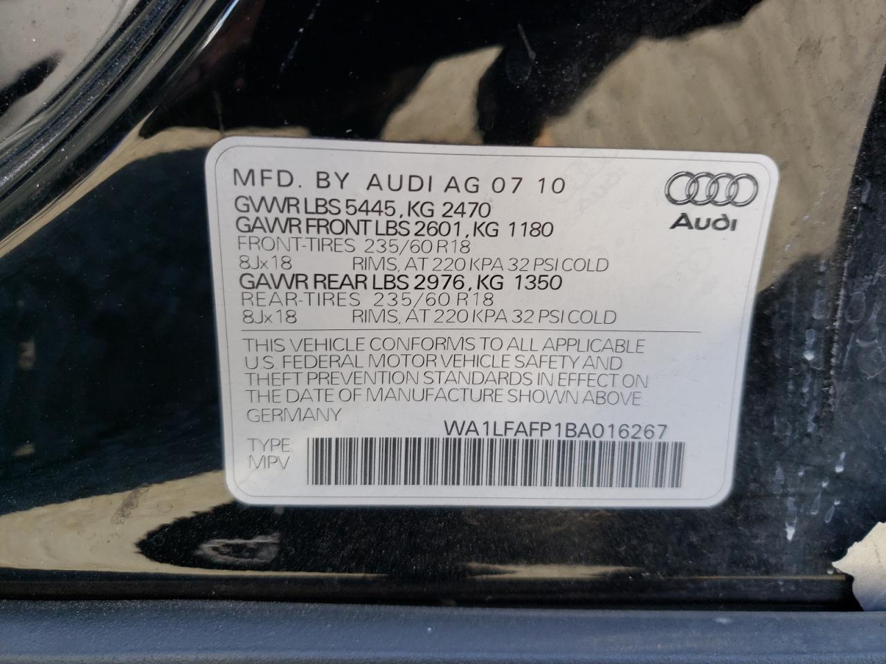 Photo 10 from auction – 2011 AUDI Q5 PREMIUM with VIN WA1LFAFP1BA016267