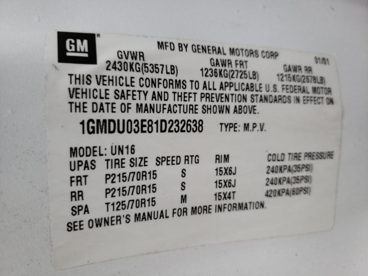 Photo 10 from auction – 2001 PONTIAC MONTANA with VIN 1GMDU03E81D232638