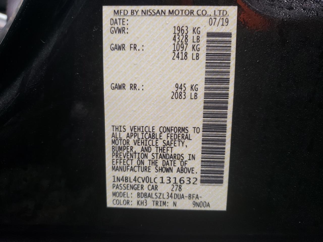 Photo 10 from auction – 2020 NISSAN ALTIMA SR with VIN 1N4BL4CV0LC131632