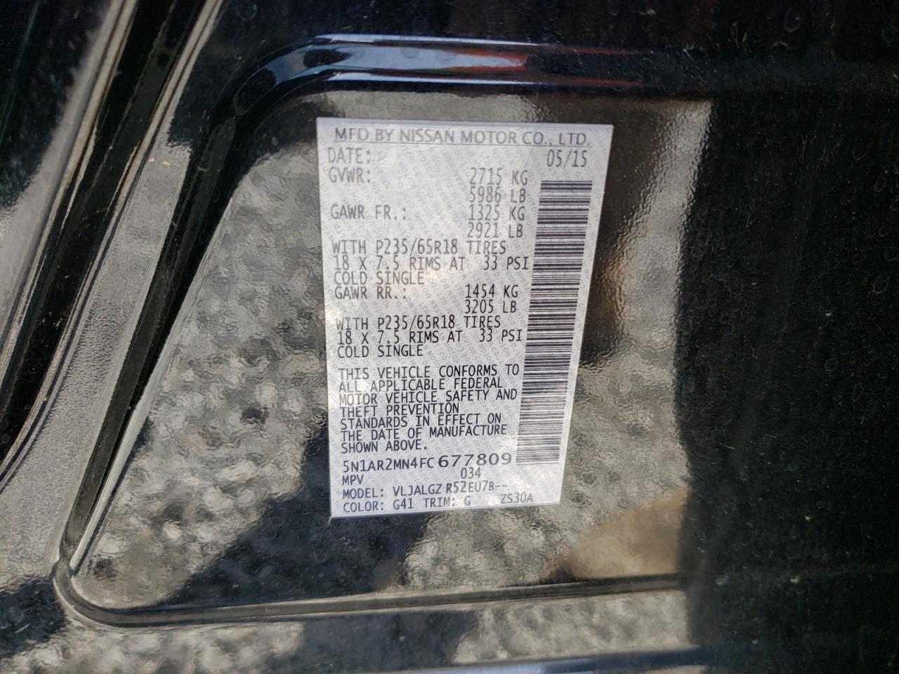 Photo 10 from auction – 2015 NISSAN PATHFINDER with VIN 5N1AR2MN4FC677809