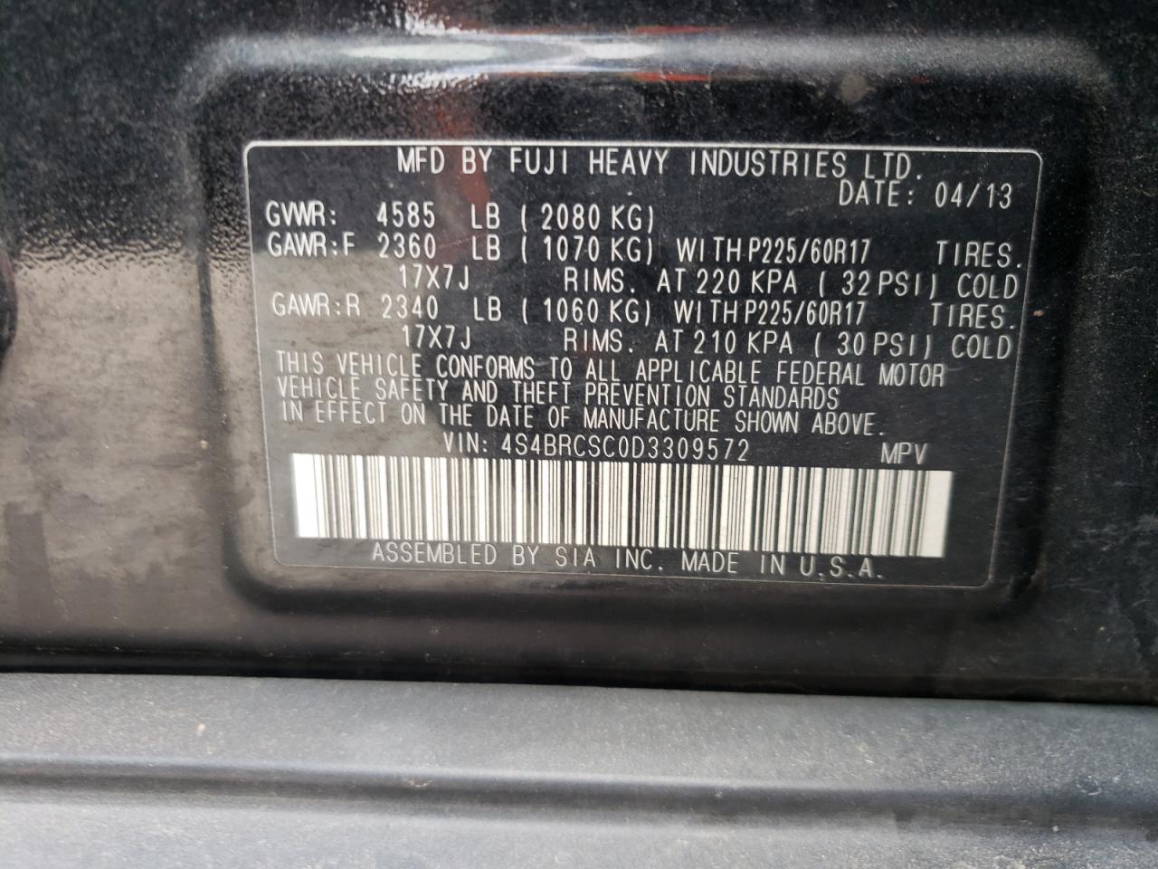 Photo 10 from auction – 2013 SUBARU OUTBACK 2. with VIN 4S4BRCSC0D3309572