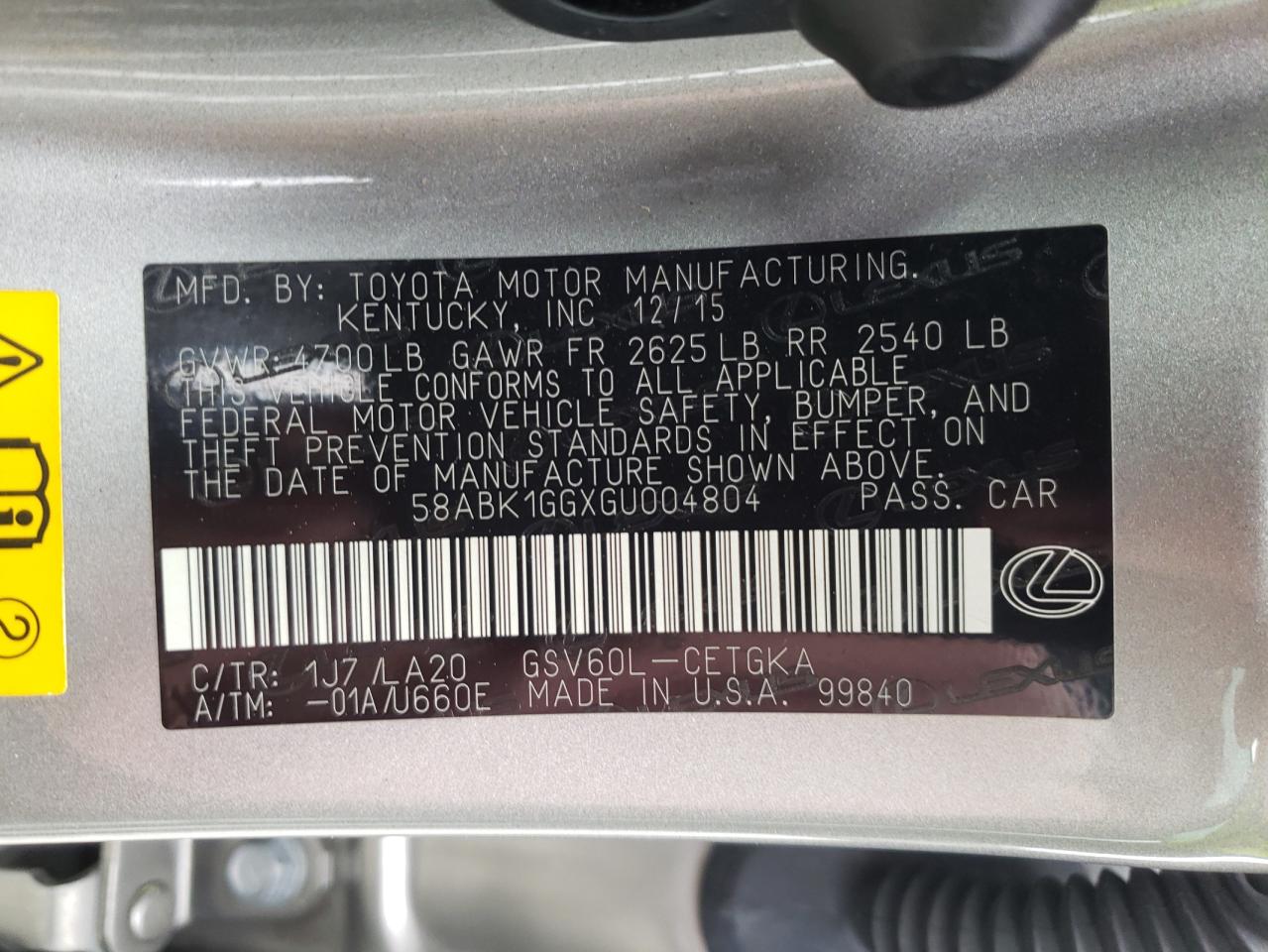 Photo 10 from auction – 2016 LEXUS ES 350 with VIN 58ABK1GGXGU004804