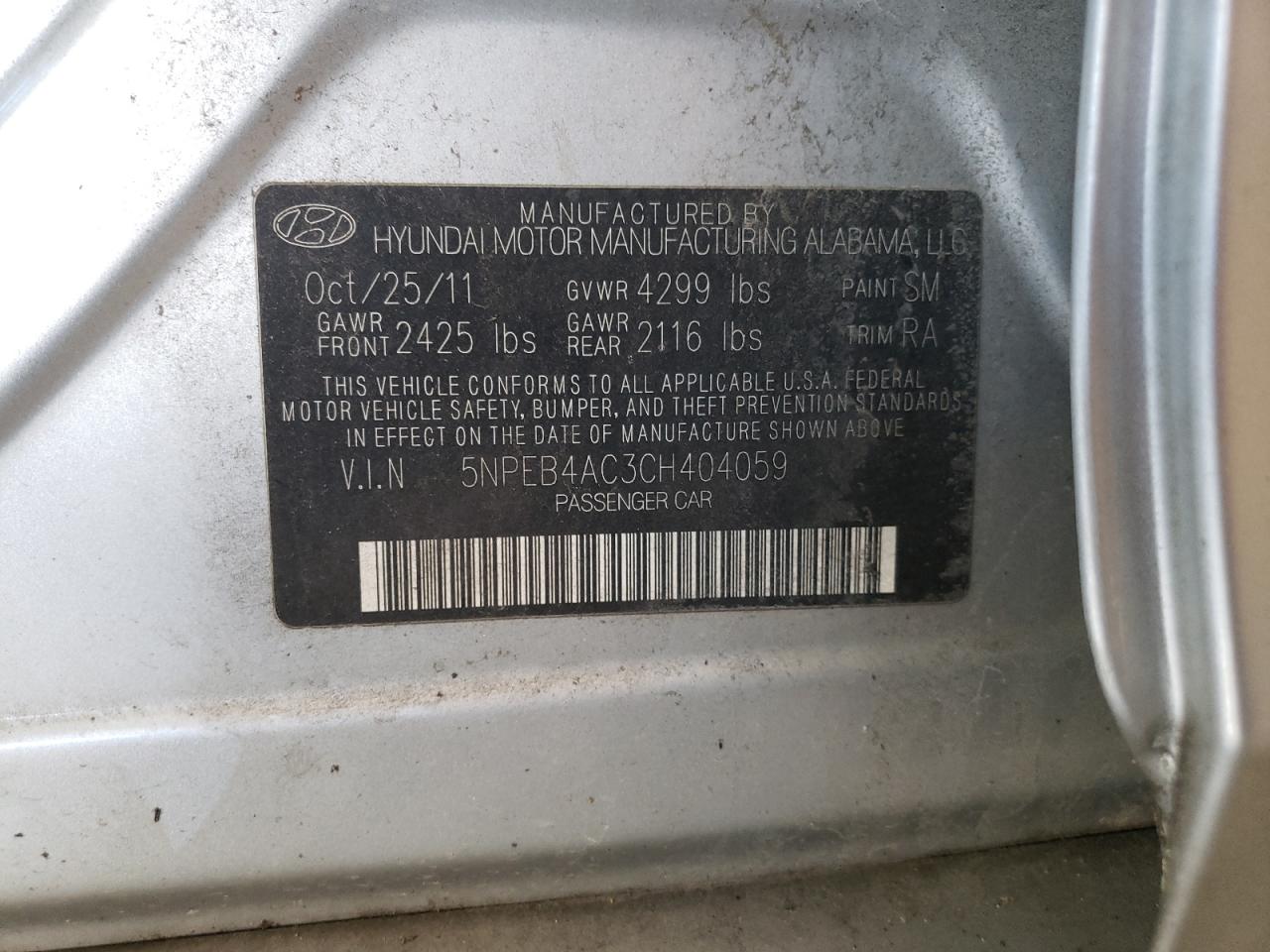Photo 10 from auction – 2012 HYUNDAI SONATA GLS with VIN 5NPEB4AC3CH404059