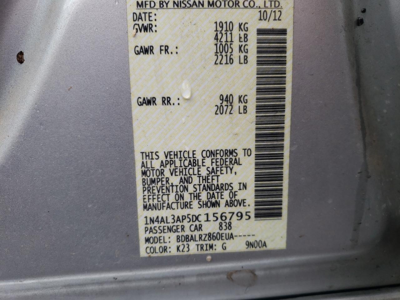 Photo 10 from auction – 2013 NISSAN ALTIMA with VIN 1N4AL3AP5DC156795