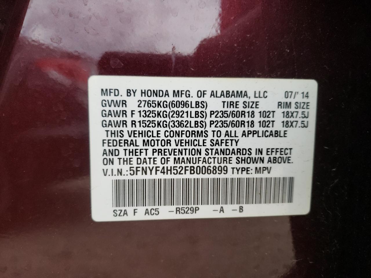 Photo 10 from auction – 2015 HONDA PILOT EXL with VIN 5FNYF4H52FB006899