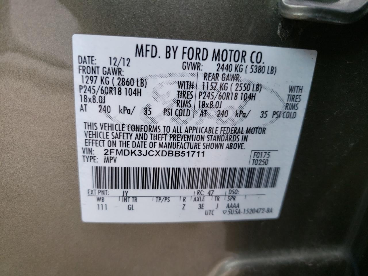 Photo 10 from auction – 2013 FORD EDGE SEL with VIN 2FMDK3JCXDBB51711