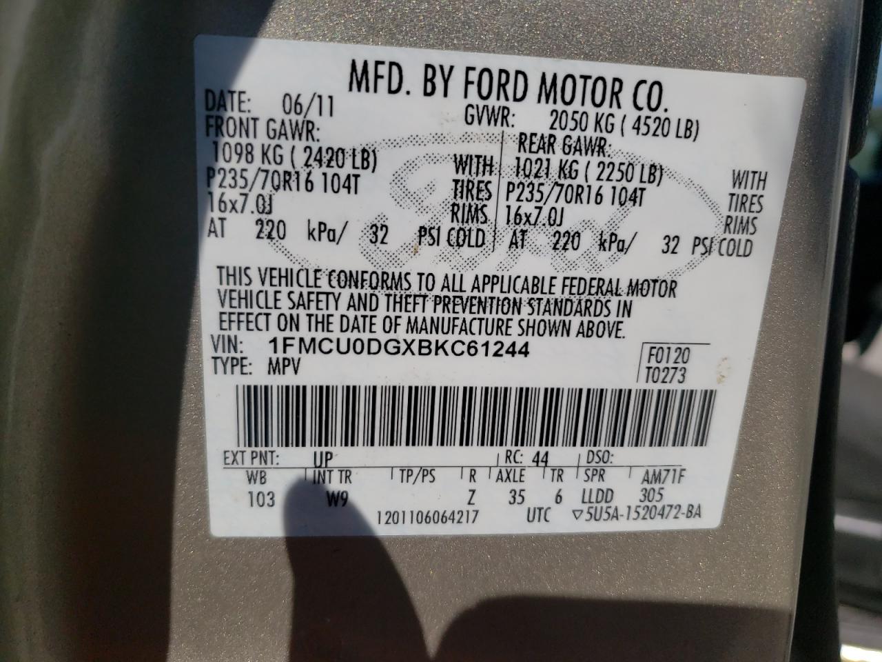 Photo 10 from auction – 2011 FORD ESCAPE XLT with VIN 1FMCU0DGXBKC61244